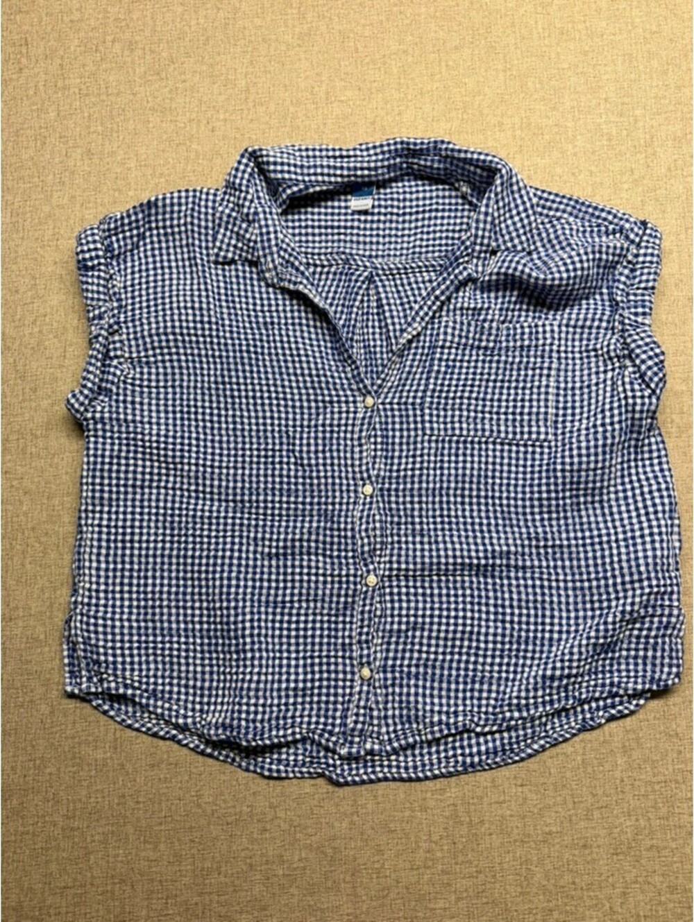 Old Navy Blue White Gingham Seersucker Cap Sleeve Button Down Shirt Size XS
